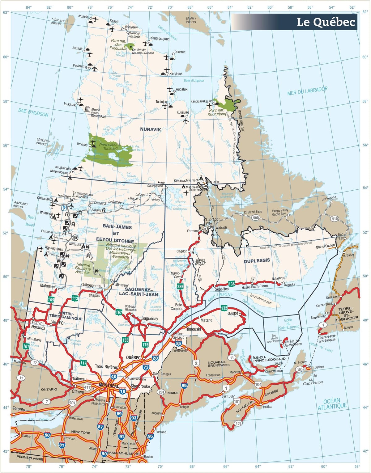 Mapa de carreteres de Quebec a canadà