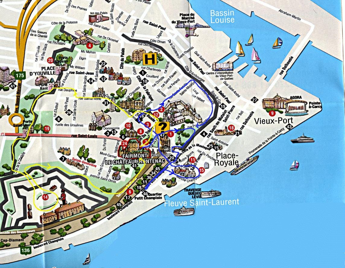 mapa del casc antic de Quebec i amb atraccions